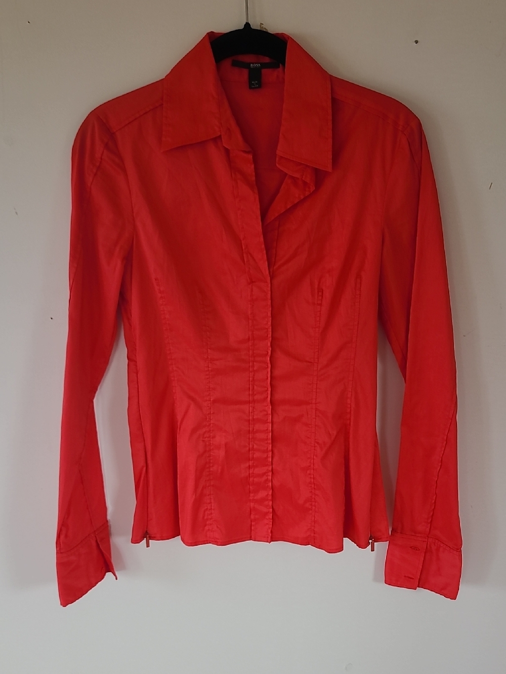 Hugo Boss. Bright Coral Button-Front Blouse.